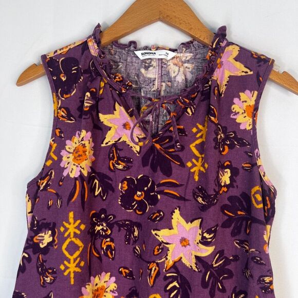Sonoma Purple Floral Print Linen Blend Sleeveless Aline Dress Size Petite Medium - Picture 3 of 11